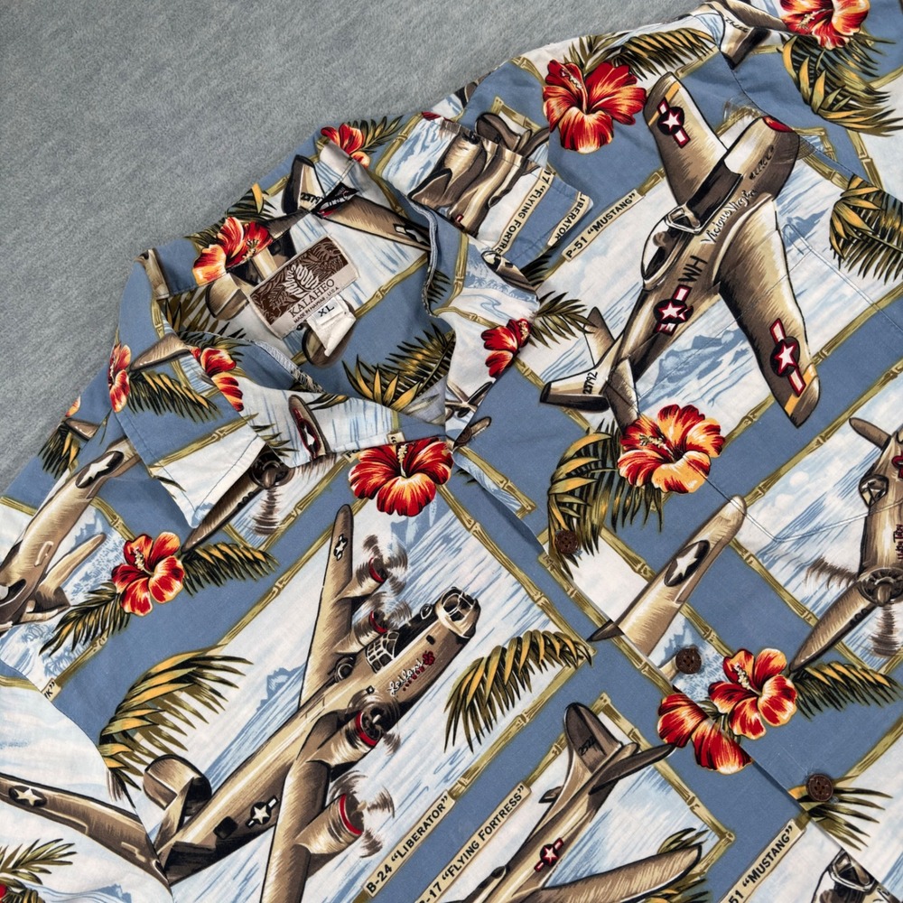 Kalaheo Mens XL WWII Aircraft Hawaiian Shirt Blue P-51 Mustang AirHawk USA